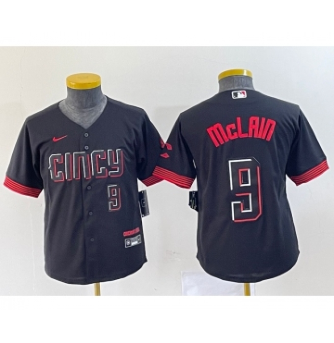Youth Nike Cincinnati Reds #9 Matt McLain Number Black 2023 City Connect Cool Base Stitched Jersey2