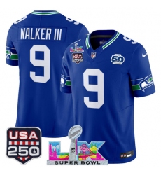 Men's Youth Seattle Seahawks #9 Kenneth Walker III Royal 2025 F.U.S.E. Super Bowl LX And 50th Season & USA 250 Vapor Throwback Limited Football Stitched Je