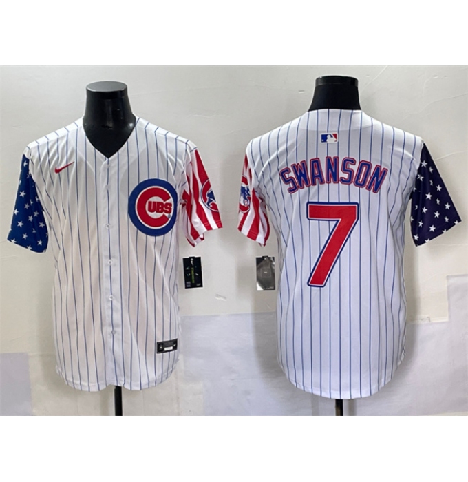 Men's Chicago Cubs #7 Dansby Swanson White Pinstripe 2025 Independence Day Vapor Premier Limited Stitched Baseball Jersey