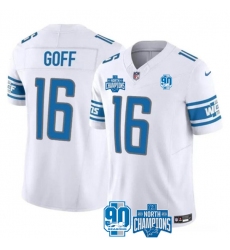 Men's Detroit Lions #16 Jared Goff White 2023 90th Anniversary North Division Champions Limited Stitched Jersey
