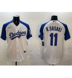 Men's Los Angeles Dodgers #11 Roki Sasaki White Blue Cool Base Stitched Baseball Jersey