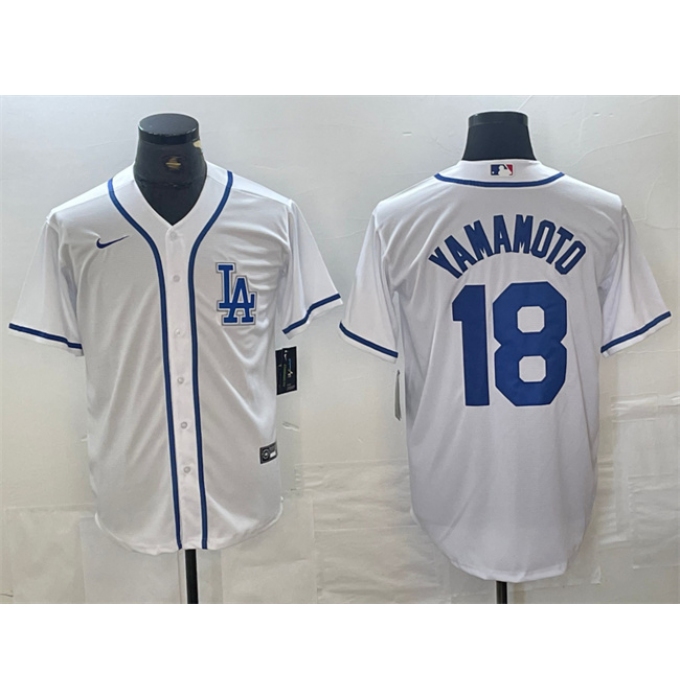 Men's Los Angeles Dodgers #18 Yoshinobu Yamamoto White Cool Base Stitched Baseball Jersey