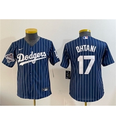 Youth Los Angeles Dodgers #17 Shohei Ohtani Navy Pinstripe 2025 World Series Champions Cool Base Stitched Baseball Jersey