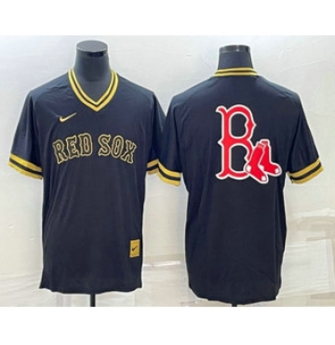 Men's Boston Red Sox Big Logo Black Gold Nike Cooperstown Legend V Neck Jersey