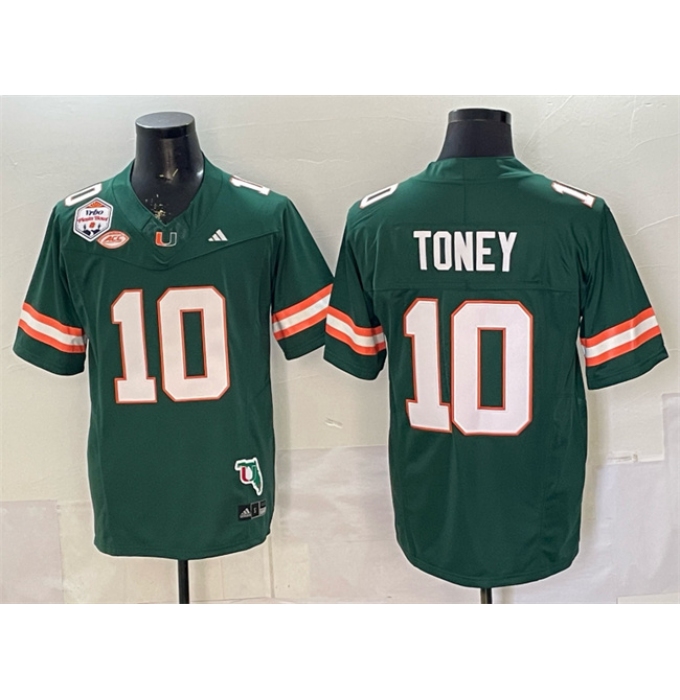Men's Miami Hurricanes #10 Malachi Toney Green F.U.S.E. The Fiesta Bowl Champions & Florida Patch Stitched Football Jersey