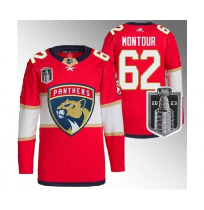 Men's Florida Panthers #62 Brandon Montour Red 2023 Stanley Cup Final Stitched Jersey