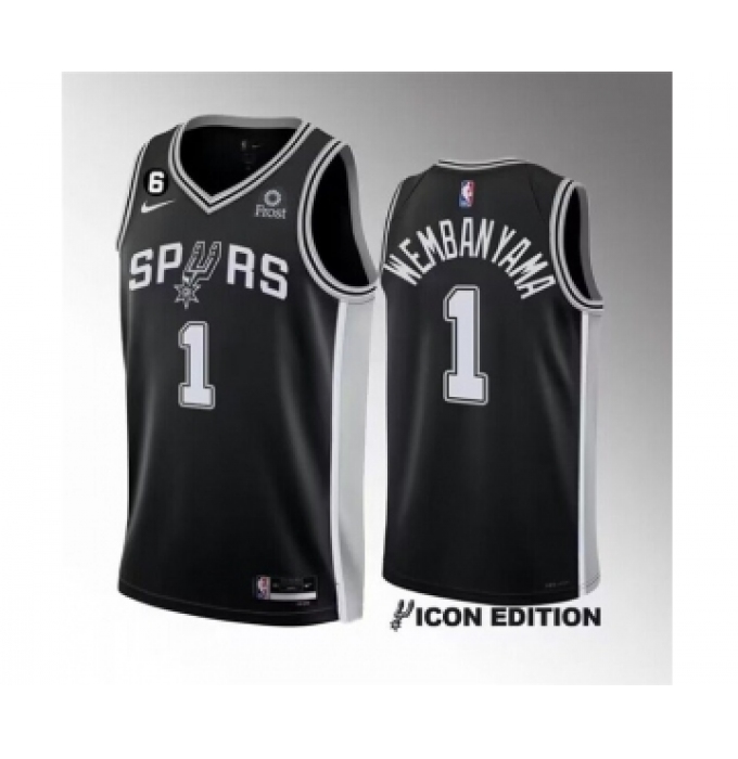 Men's San Antonio Spurs #1 Victor Wembanyama Black 2022-23 Icon Edition With NO.6 Stitched Basketball Jersey