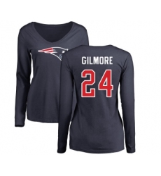 Football Women's New England Patriots #24 Stephon Gilmore Navy Blue Name & Number Logo Slim Fit Long Sleeve T-Shirt