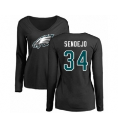 Women's Philadelphia Eagles #34 Andrew Sendejo Black Name & Number Logo Slim Fit Long Sleeve T-Shirt