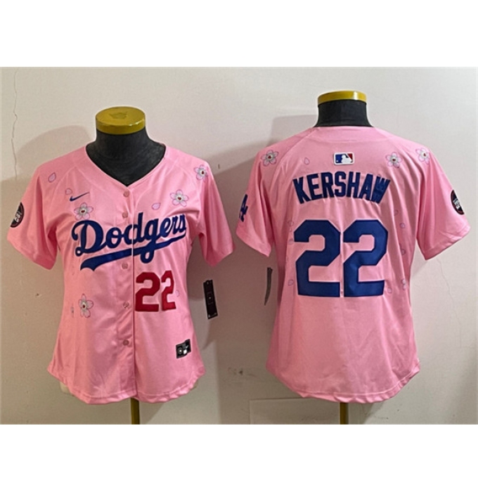 Women's Los Angeles Dodgers #22 Clayton Kershaw Pink 2025 Tokyo Series Limited Stitched Baseball Jersey(Run Small)