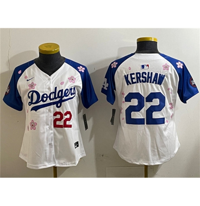 Women's Los Angeles Dodgers #22 Clayton Kershaw White Royal 2025 Tokyo Series Limited Stitched Baseball Jersey(Run Small)