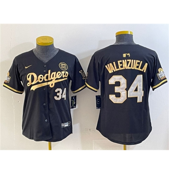 Women's Los Angeles Dodgers #34 Fernando Valenzuela Black Gold 2024 World Series With Fernando Vapor Limited Stitched Baseball Jersey(Run Small)