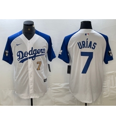 Mens Los Angeles Dodgers #7 Julio Urias Number White Blue Fashion Stitched Cool Base Limited Jersey