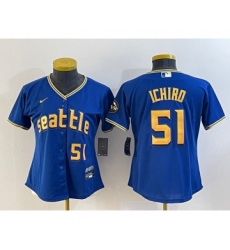 Women's Seattle Mariners #51 Ichiro Suzuki Number Blue 2023 City Connect Cool Base Stitched Jersey