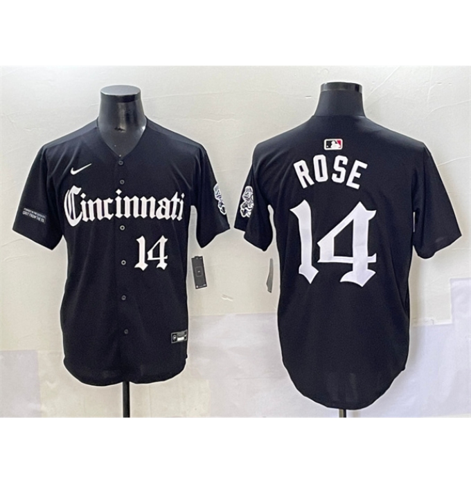 Men's Cincinnati Reds #14 Pete Rose Black 'Gothic Queen City Edition' Vapor Premier Limited Stitched Baseball Jersey