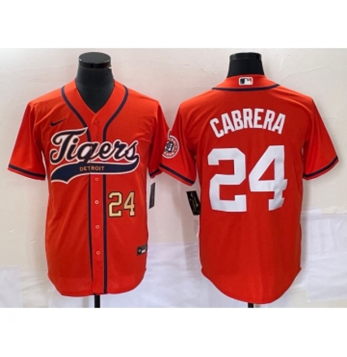 Men's Detroit Tigers #24 Miguel Cabrera Number Orange Cool Base Stitched Baseball Jersey