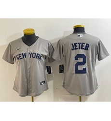 Women's New York Yankees #2 Derek Jeter Name 2021 Grey Field of Dreams Cool Base Stitched Jersey