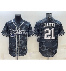 Men's Dallas Cowboys #21 Ezekiel Elliott Gray Camo With Patch Cool Base Stitched Baseball Jersey